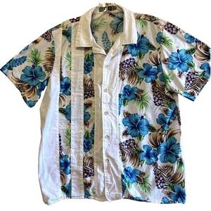 SSLR Mens Tropical Hibiscus Floral Button Up Shirt White Blue Short Sleeve M